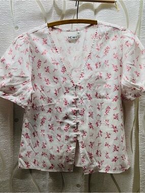 ICHI White Blouse with Pink Floral Print and Button Front